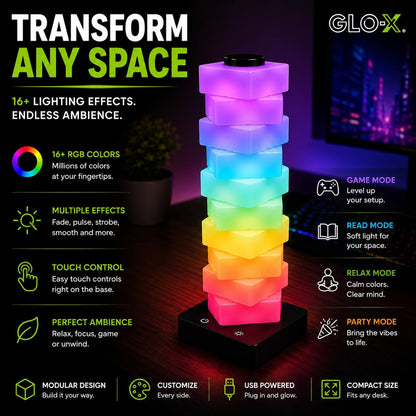 GLO-X Modular RGB Desk Lamp, Stackable LED Touch Light for Gaming & Bedroom