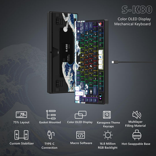 XVX Womier S-K80 75% Keyboard with Color Multimedia Display Mechanical Gaming Keyboard, Wired Hot Swappable Gasket Mount RGB Custom Keyboard, Pre-lubed Stabilizer for Mac/Win, Black Kanagawa