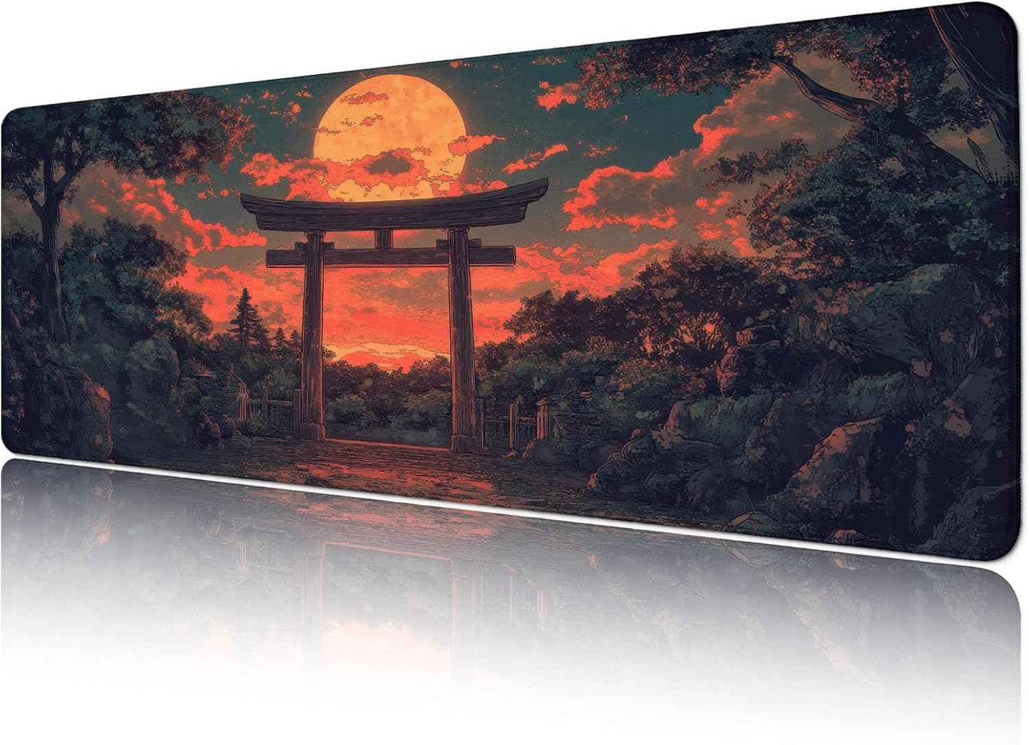 Japanese Forest Full Moon Gaming Mouse Pad with Non-Slip Rubber Base, Large Anime Mousepad with Stitched Edges, Long Keyboard Mat for Home and Office, 31.5 x 11.8 inches