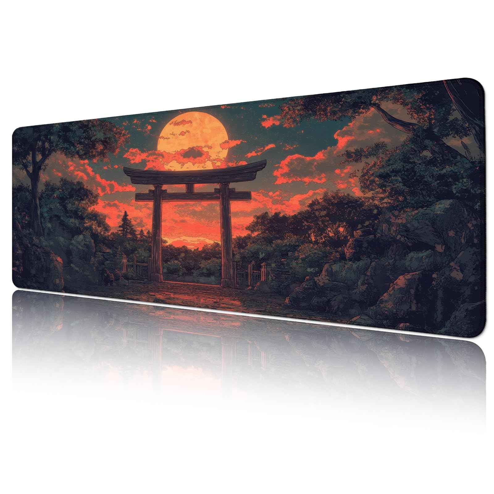 Japanese Forest Full Moon Gaming Mouse Pad with Non-Slip Rubber Base, Large Anime Mousepad with Stitched Edges, Long Keyboard Mat for Home and Office, 31.5 x 11.8 inches