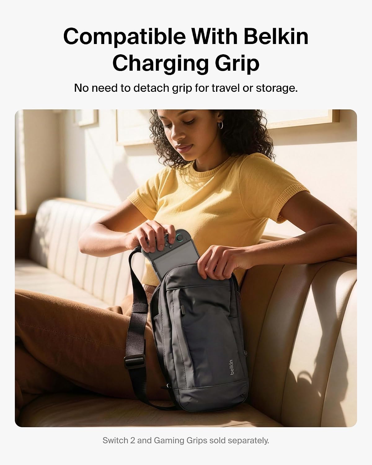 Belkin Nintendo Switch 2 Carrying Case, Sling Crossbody Travel Bag | Lightweight crossbody travel bag with stowable crossbody strap, soft interior, fits 2 Pro Controllers and 10 game card slots