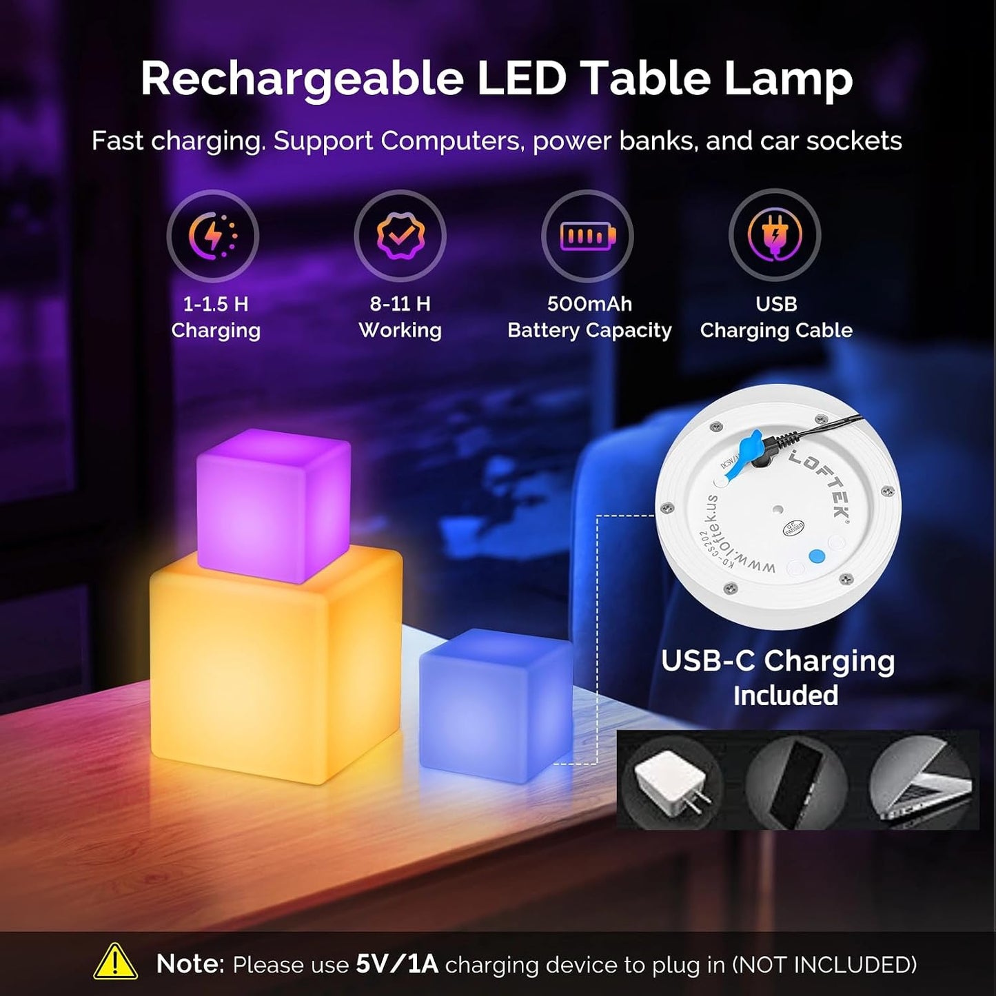LOFTEK 4-inch LED Cube Lights, Rechargeable Night Light for Kids, Hangable