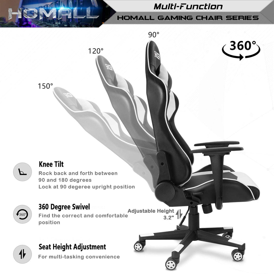 Homall Gaming Chair, Office Chair High Back Computer Chair Leather Desk Chair Racing Executive Ergonomic Adjustable Swivel Task Chair with Headrest and Lumbar Support (White) - Gapo Goods - 