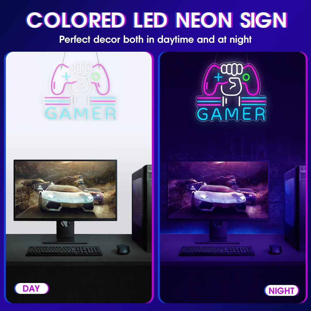 Gamer Neon Sign, Bright and Dimmable Large Colorful Neon Light for Gaming Video Room Bedroom Wall Decor, USB Powered LED Game Room Night Lights Gift for Boys Teen Kids Gamers(15.4X12.6") (Gamer)