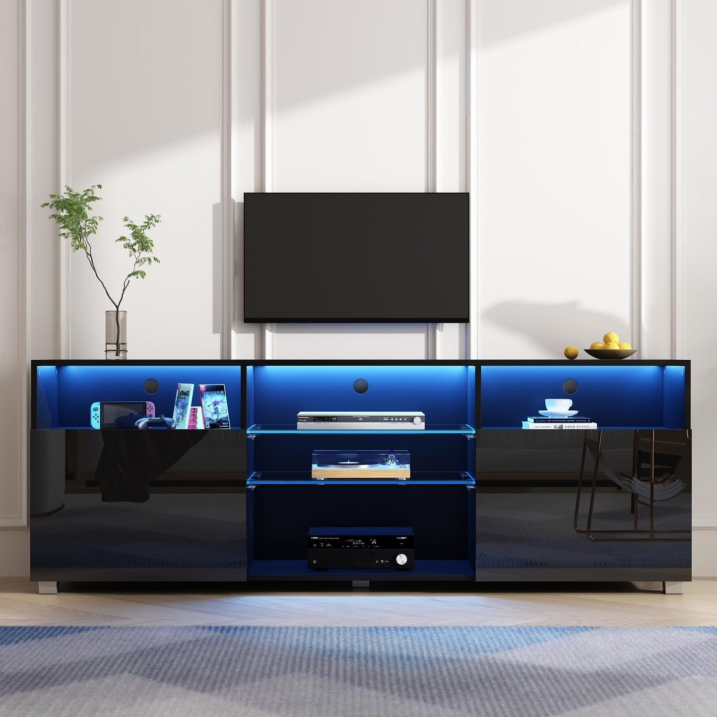 St.Mandyu LED TV Stand for 50/55/60 inch TV, Modern Television Table Center Media Console with Drawer and Led Lights, High Glossy Entertainment Center for Living Game Room Bedroom, Black¡