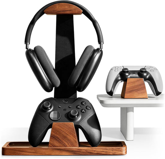 UPERGO Headphone and Headset Stand with Controller Holders for Gaming Desk | Solid Wood, Holds 2 Controllers, Storage Tray for Gaming Accessories, Compatible with PS5 and Xbox