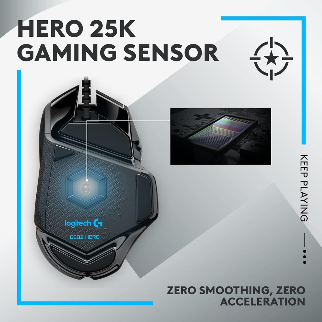 Logitech G502 HERO High Performance Wired Gaming Mouse, HERO 25K Sensor, 25,600 DPI, RGB, Adjustable Weights, 11 Programmable Buttons, On-Board Memory, PC / Mac