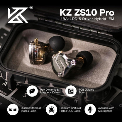 Linsoul KZ ZS10 Pro, 4BA+1DD 5 Driver in Ear Monitor, HiFi Wired Earbuds, Gaming Earbuds, Hybrid IEM Earphones with Stainless Steel Faceplate, Detachable Cable for Musician(Without Mic, Black)