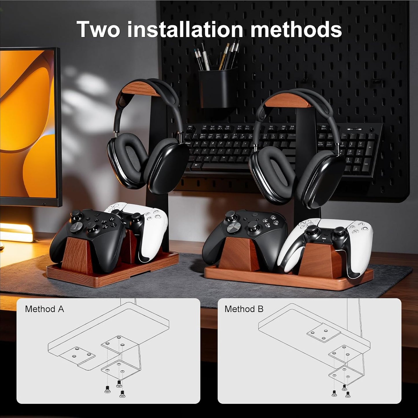 UPERGO Headphone and Headset Stand with Controller Holders for Gaming Desk | Solid Wood, Holds 2 Controllers, Storage Tray for Gaming Accessories, Compatible with PS5 and Xbox