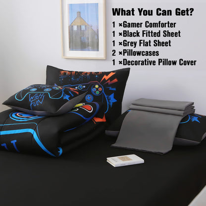 JQinHome Full Gamer Comforter Set,6 Piece Bed in A Bag 3D Video Game Bedding -All Season Down Alternative Gamer Bedding Sets - (Blue Game Controller)