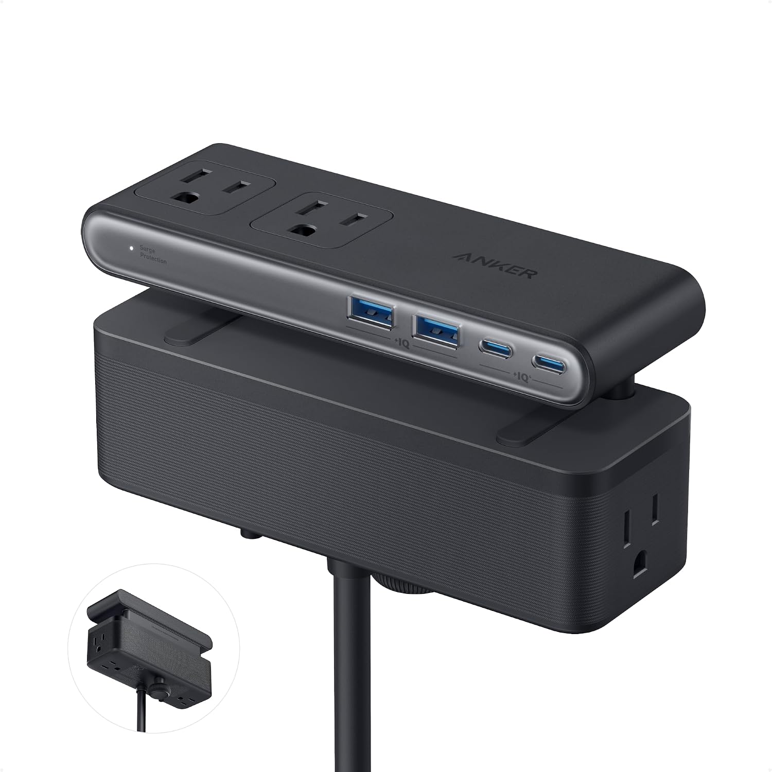 Anker Nano Power Strip, Desk Clamp, 70W Max, 1500J Surge Protector, 2 USB C | 6AC, Extension Cord, Outlet Extender Desk Organizer Gaming Accessories Home Office Essentials, Fit 0.6~1.8'' Tabletop Edge