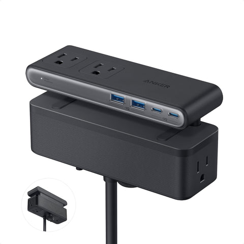 Anker Nano 70W Desk Clamp Power Strip – 6 AC Outlets, 2 USB-C Ports, 1500J Surge Protection & Extension Cord for Gaming Desk or Home Office - Black