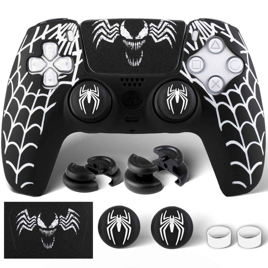PlayRealm Silicone Skin Cover Sticker x 1 & Extender Grips x 2 for PS5 Controller Venom Web