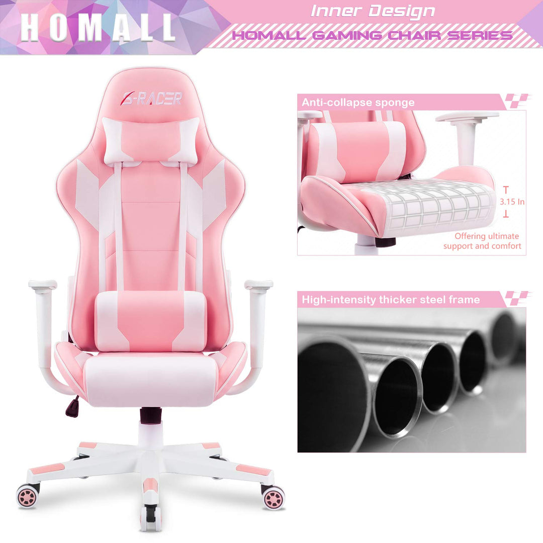 Homall Gaming Chair, Office Chair High Back Computer Chair Leather Desk Chair Racing Executive Ergonomic Adjustable Swivel Task Chair with Headrest and Lumbar Support (White) - Gapo Goods - 