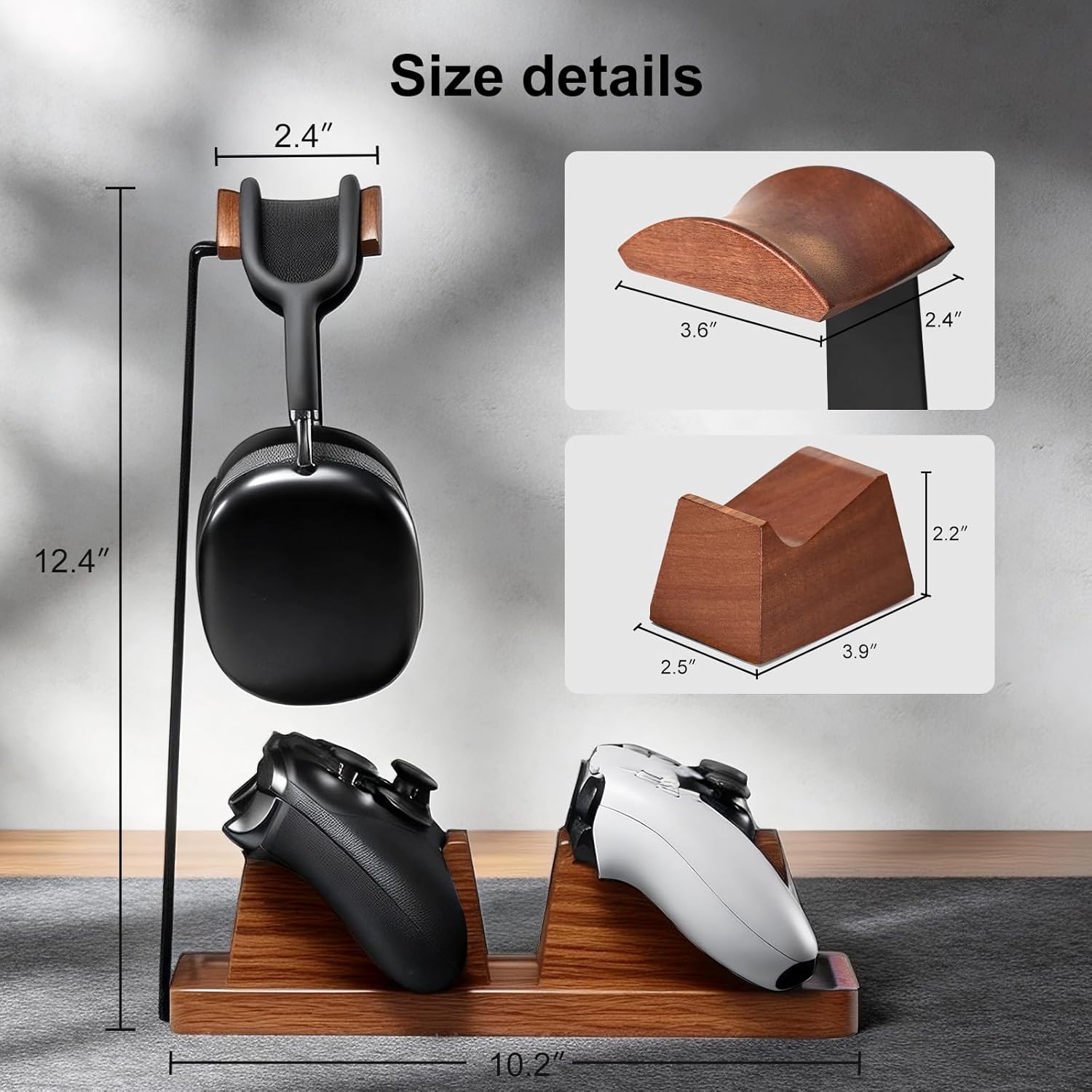 UPERGO Headphone and Headset Stand with Controller Holders for Gaming Desk | Solid Wood, Holds 2 Controllers, Storage Tray for Gaming Accessories, Compatible with PS5 and Xbox