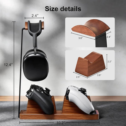 UPERGO Headphone and Headset Stand with Controller Holders for Gaming Desk | Solid Wood, Holds 2 Controllers, Storage Tray for Gaming Accessories, Compatible with PS5 and Xbox