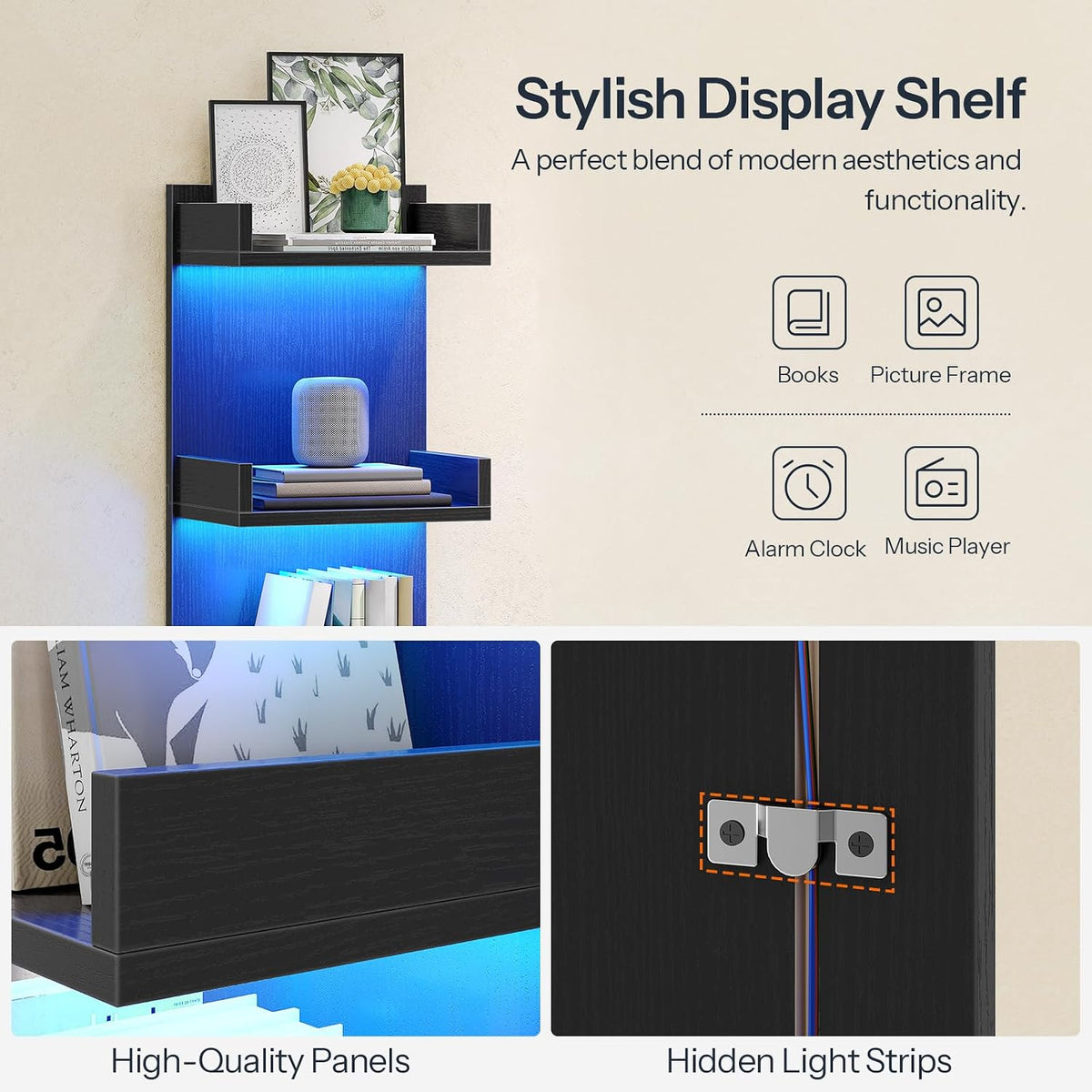 HOOBRO Floating Wall Shelves with LED Lights, Floating Shelf Wall Mounted