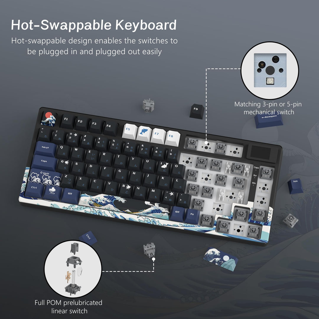 XVX Womier S-K80 75% Keyboard with Color Multimedia Display Mechanical Gaming Keyboard, Wired Hot Swappable Gasket Mount RGB Custom Keyboard, Pre-lubed Stabilizer for Mac/Win, Black Kanagawa