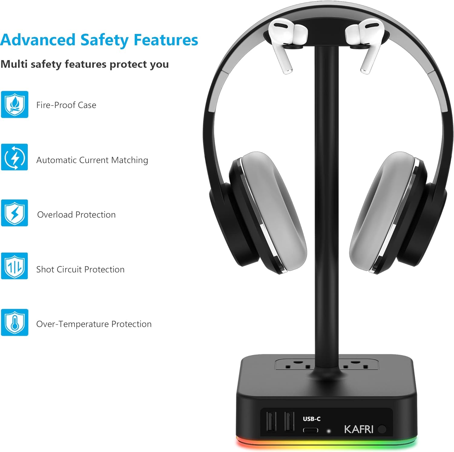 KAFRI RGB Headphone Stand with USB A&C Charger Desk Gaming Headset Holder Hanger Rack with 3 USB Charging Port and 2 Outlet - Suitable for Gamer Desktop Table Game Earphone Accessories Boyfriend Gifts