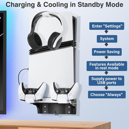PS5 Wall Mount Kit with Cooling Fan & Controller Charging Station, PS5 Floating Shelf for PS5/Slim/Pro Disc & Digital Console, Mountable Behind PC Monitor for PS5 Accessories, Sega Genesis Consoles