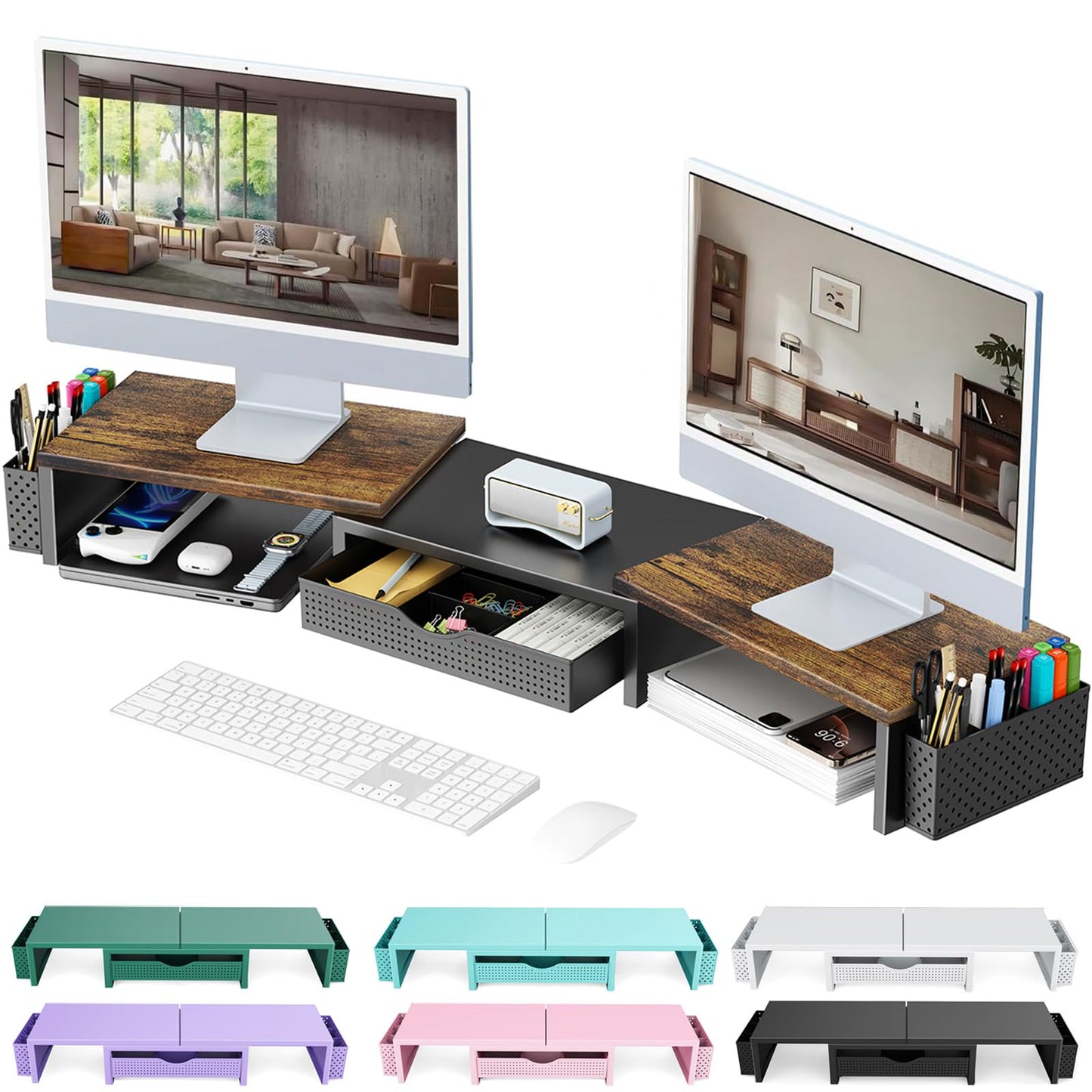 gianotter Dual Monitor Stand Riser With Drawer and 2 Pen Holders | Computer Monitor Stand Desk Organizer and Accessories Desk Shelf for Top of Desk (Green)