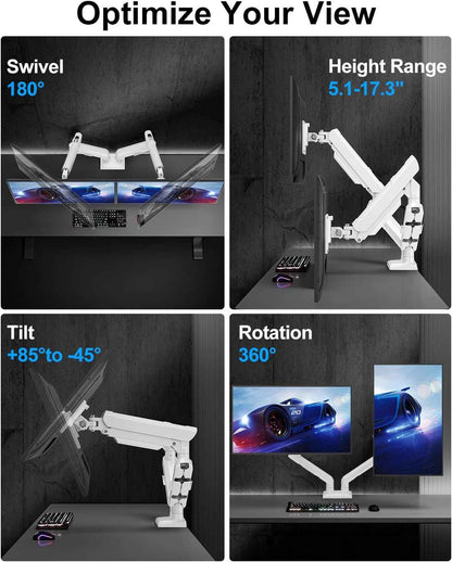 Dual Monitor Arm Fits 17 to 32 Inch Computer Screen, 22lbs per Arm, Full Motion Monitor Desk Mounts for 2 Monitors, Gas Spring Desk Mount, VESA Mount White, Freelift Pro
