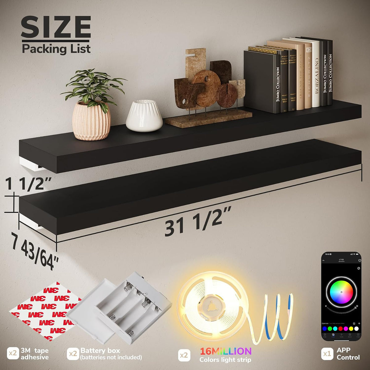 BAMEOS Floating Shelves with RGB LED, 31" Wall Mounted Wooden Shelves with Invisible Brackets, Set of 2, Hanging Wall Shelves for Bedroom, Bathroom, Living Room and Kitchen (Black)