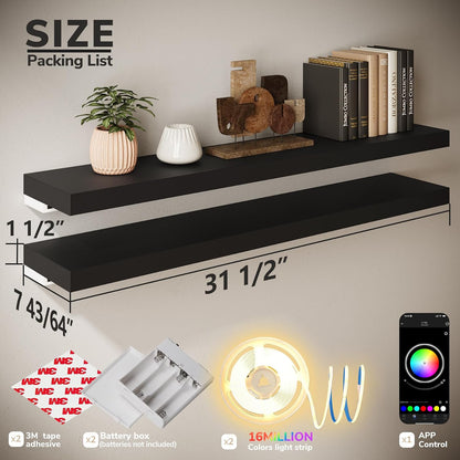BAMEOS Floating Shelves with RGB LED, 31" Wall Mounted Wooden Shelves with Invisible Brackets, Set of 2, Hanging Wall Shelves for Bedroom, Bathroom, Living Room and Kitchen (Black)