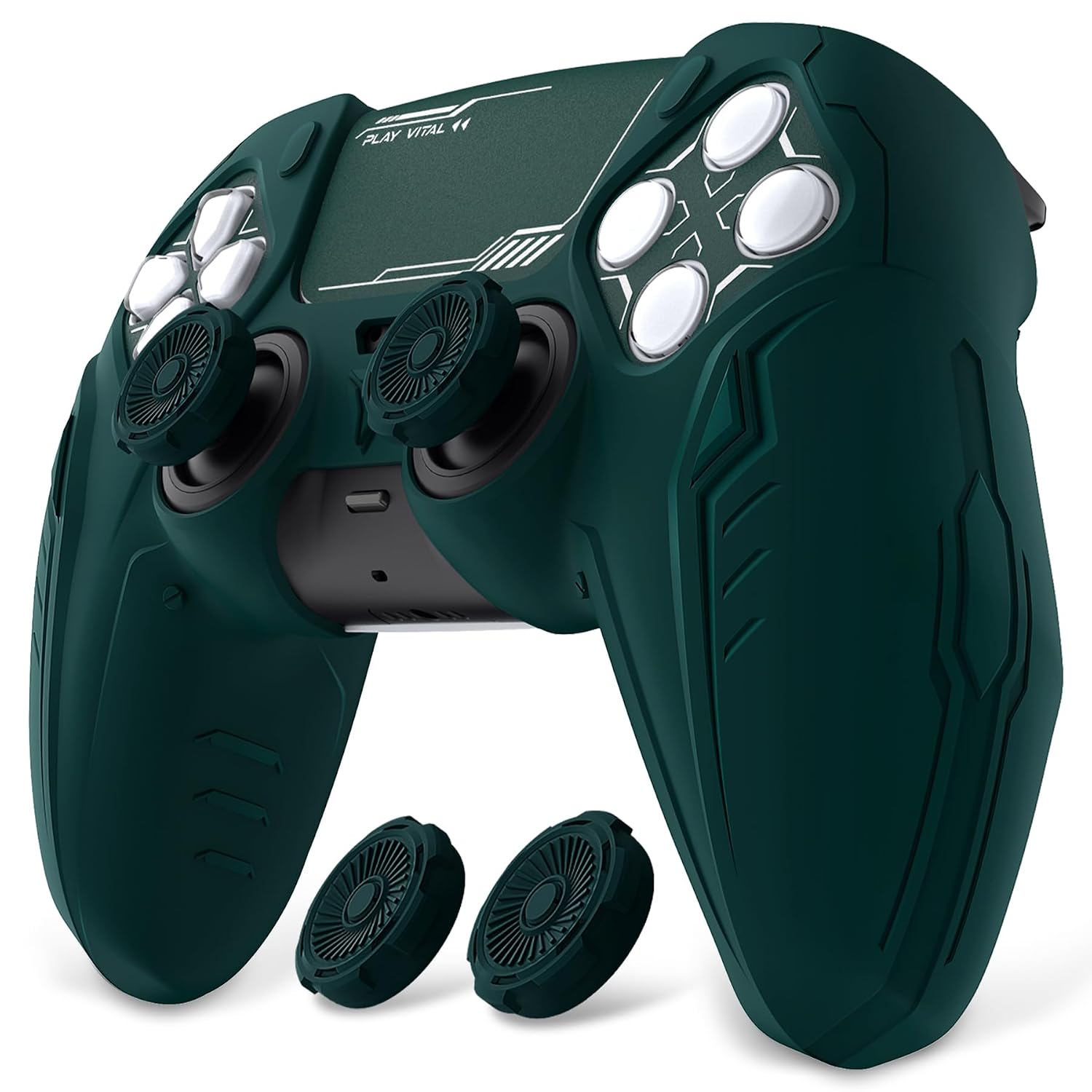 PlayVital Silicone Skin Set for PS5 Controller - Charging Dock Compatible, Full Protection Case with Futuristic CyberMech Design, Soft Cover with Thumb Grips & Stickers - Racing Green