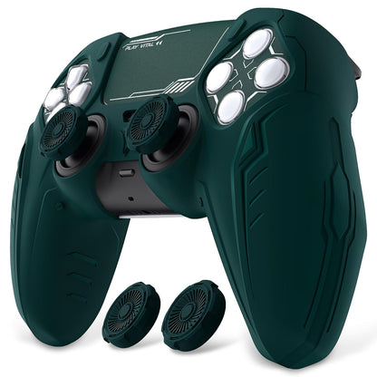 PlayVital Silicone Skin Set for PS5 Controller - Charging Dock Compatible, Full Protection Case with Futuristic CyberMech Design, Soft Cover with Thumb Grips & Stickers - Racing Green