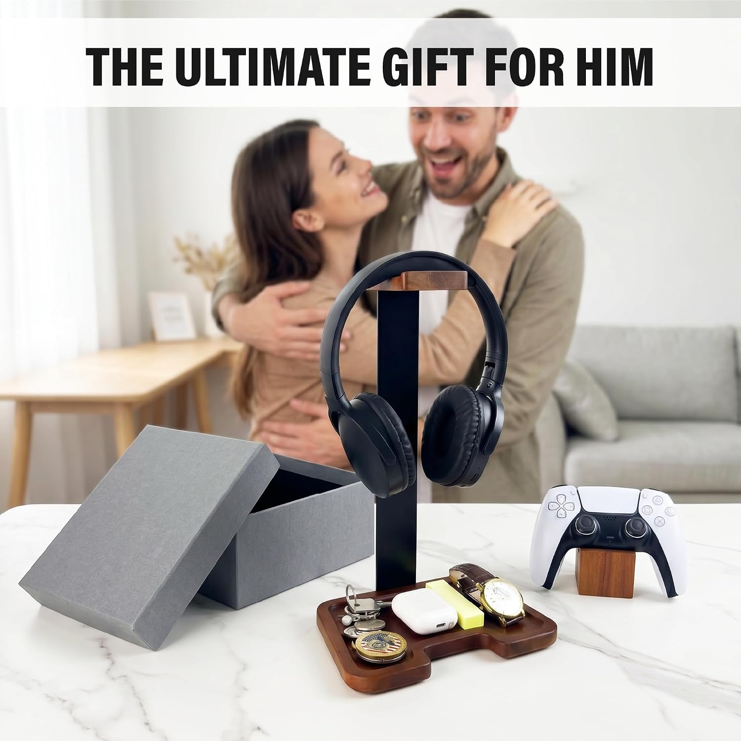 Gaming Equipment Headset Stand with Game Controller Holder & Storage Base, Stylish Gamer Gifts for Men Teenage Boy Headphone Stand, Unique Gifts for Gamers to Organize Gaming Accessories (Brown Wood)