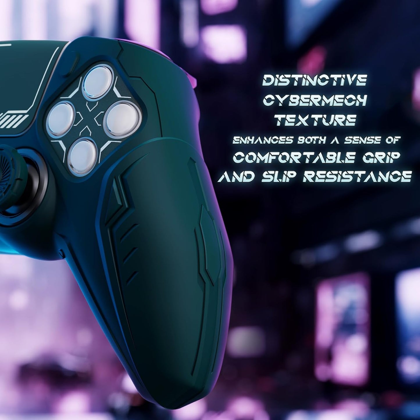PlayVital Silicone Skin Set for PS5 Controller - Charging Dock Compatible, Full Protection Case with Futuristic CyberMech Design, Soft Cover with Thumb Grips & Stickers - Racing Green