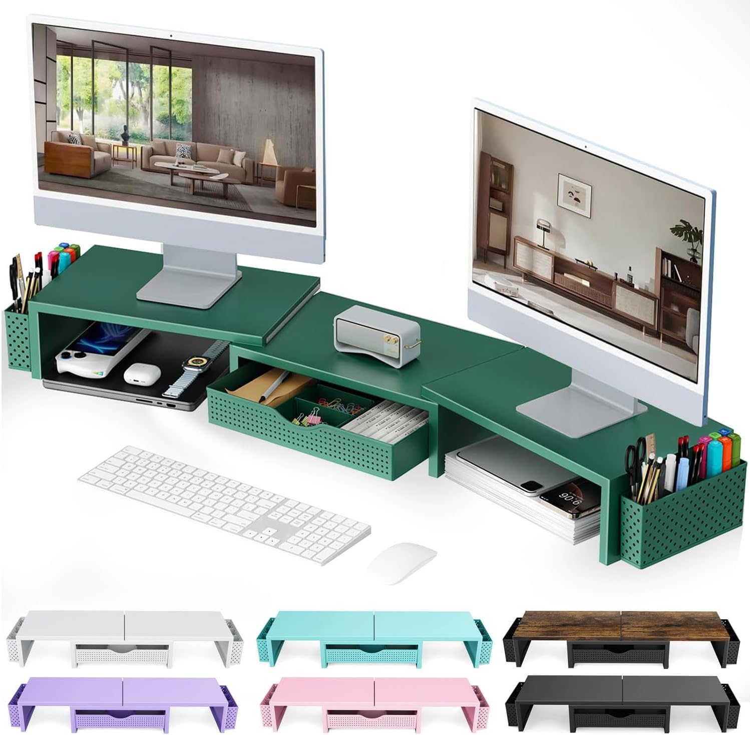 gianotter Dual Monitor Stand Riser With Drawer and 2 Pen Holders | Computer Monitor Stand Desk Organizer and Accessories Desk Shelf for Top of Desk (Green)