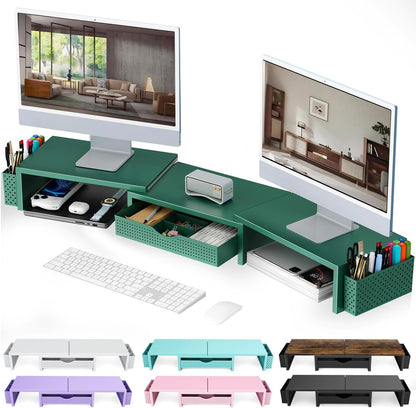 gianotter Dual Monitor Stand Riser With Drawer and 2 Pen Holders | Computer Monitor Stand Desk Organizer and Accessories Desk Shelf for Top of Desk (Green)