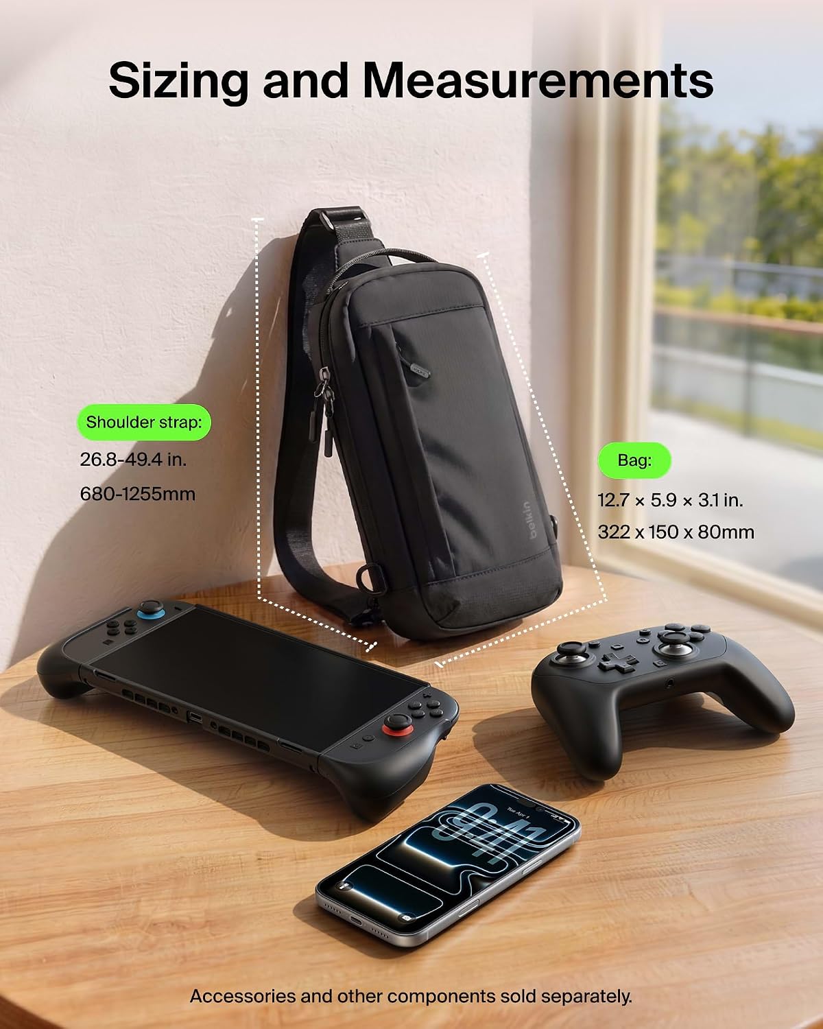 Belkin Nintendo Switch 2 Carrying Case, Sling Crossbody Travel Bag | Lightweight crossbody travel bag with stowable crossbody strap, soft interior, fits 2 Pro Controllers and 10 game card slots