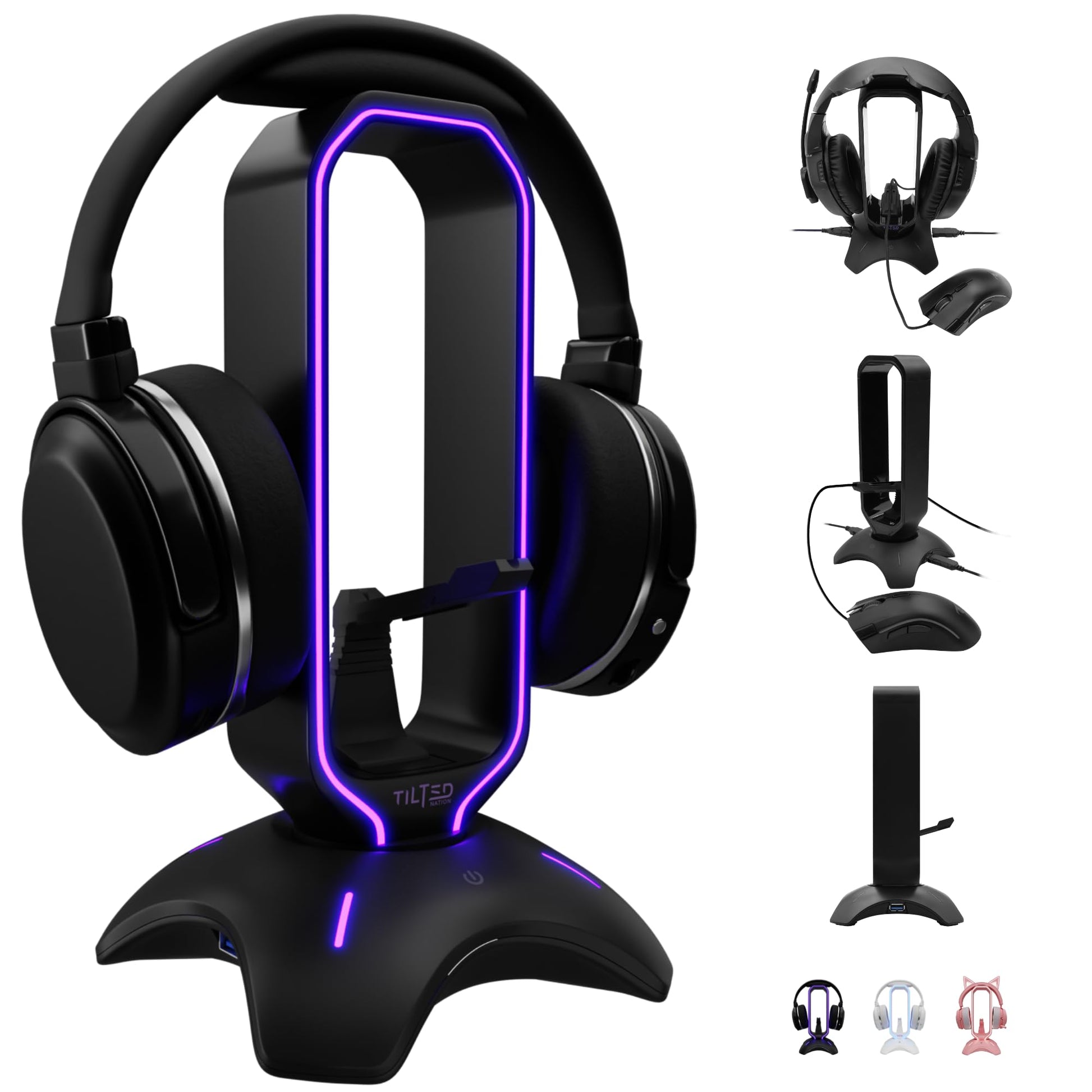 Tilted Nation Cute Headphone Stand Pink | Headset Stand with RGB, Mouse Bungee Holder, and 2 Port USB Hub Charger - Desk Gaming Accessories