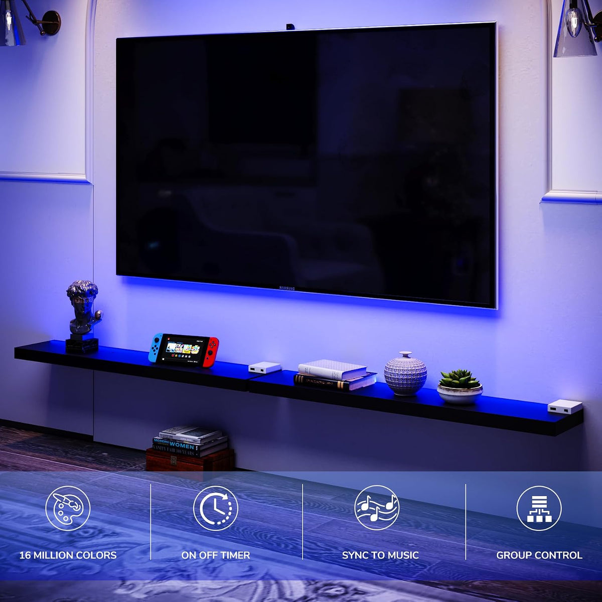 BAMEOS Floating Shelves with RGB LED, 31" Wall Mounted Wooden Shelves with Invisible Brackets, Set of 2, Hanging Wall Shelves for Bedroom, Bathroom, Living Room and Kitchen (Black)