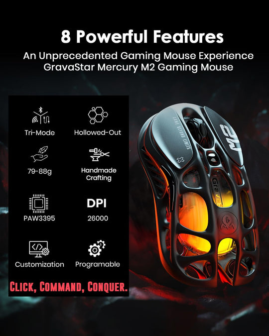 GravaStar Mercury M2 Wireless Gaming Mouse with 26,000 DPI, PAW3395DM Sensor -79g Lightweight Hollowed-Out Design -5 Programmable Buttons -5 Dynamic Lightsync RGB - Stealth Black