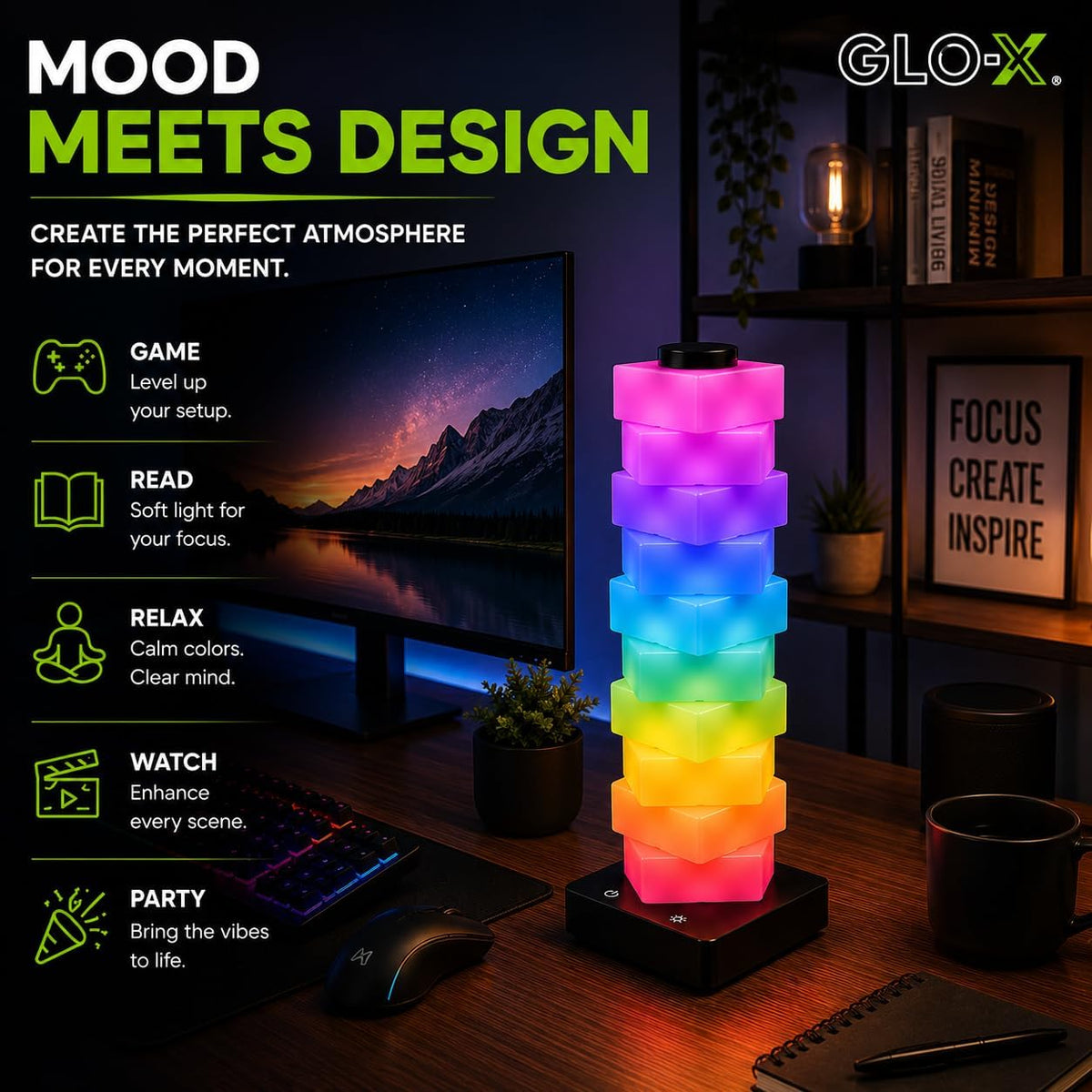 GLO-X Modular RGB Desk Lamp, Stackable LED Touch Light for Gaming & Bedroom