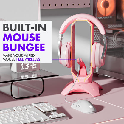 Tilted Nation Cute Headphone Stand Pink | Headset Stand with RGB, Mouse Bungee Holder, and 2 Port USB Hub Charger - Desk Gaming Accessories