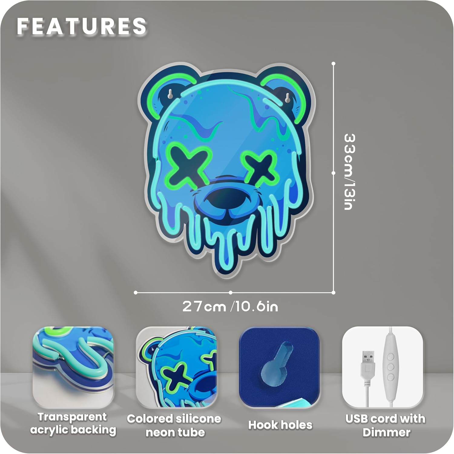 Ice Bear Neon Sign, Cool Led Sign for Wall Decor - Usb Powered, Adjustable Brightness Anime Bear Led Light for Bedroom, Bar, Pub, Party, Man Cave Decor, Unique Gift for Teenage Boys