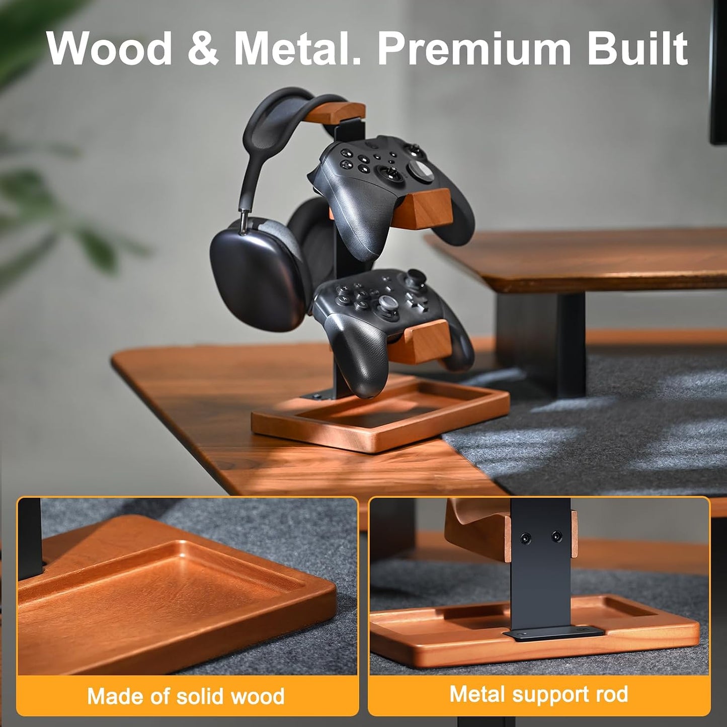 Solid Wood Controller Holder and Headphone Stand, Controller Stand for Desk | Dual Gaming Controller Organizer Rack, Fits Xbox, PS4, PS5, Gamepad, Headset Holder for Son, Husband, Boyfriend