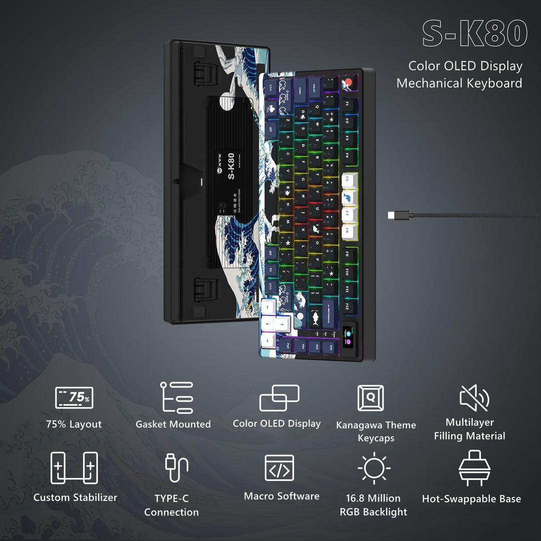 Womier S-K80 75% Keyboard with Color Multimedia Display Mechanical Gaming Keyboard, Hot Swappable Keyboard, Gasket Mount RGB Custom Keyboard, Pre-lubed Stabilizer for Mac/Win, Black Kanagawa Theme