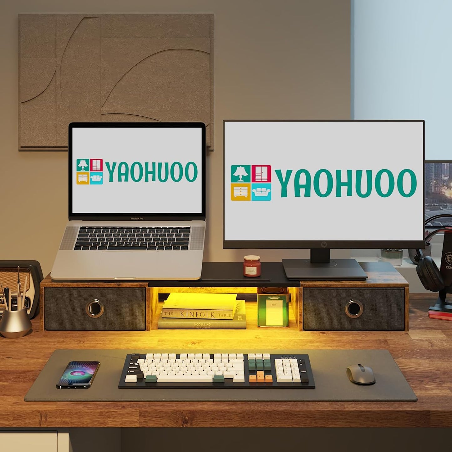 YAOHUOO Dual Monitor Stand with 2 Drawers, Computer Monitor Riser for 2 Monitors, Large Desktop Organzier with Storage for PC/Laptop/Computer/TV Screen/Printer (Brown)