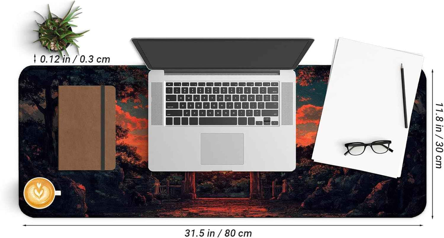 Japanese Forest Full Moon Gaming Mouse Pad with Non-Slip Rubber Base, Large Anime Mousepad with Stitched Edges, Long Keyboard Mat for Home and Office, 31.5 x 11.8 inches
