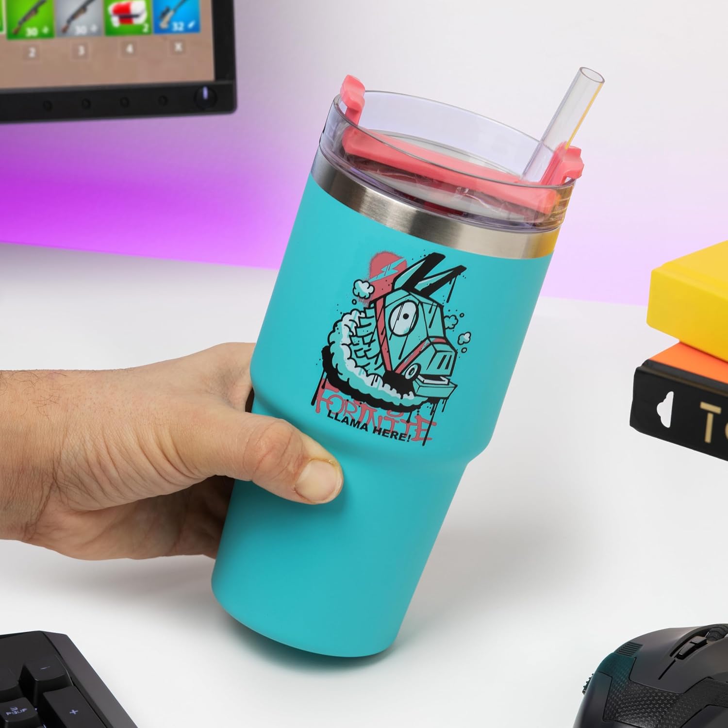 Paladone Fortnite 600ml Blue Insulated Gamer Cup and Straw, Officially Licensed Tumbler Water Bottle for Hot and Cold Drinks, Tea, Coffee | 600ml Insulated Cup • Straw Lid Design • Keeps Drinks Hot Or Cold • Portable Use • Fortnite Gift
