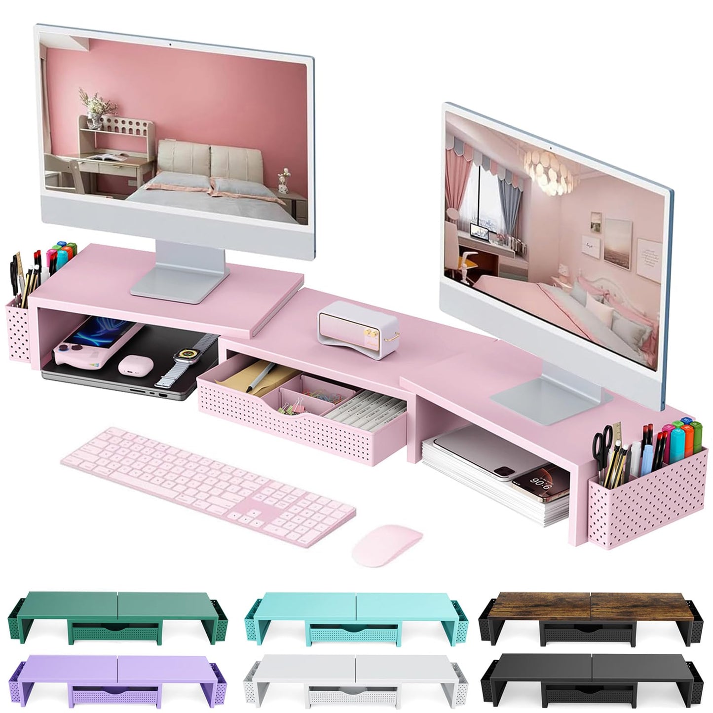 gianotter Dual Monitor Stand Riser With Drawer and 2 Pen Holders | Computer Monitor Stand Desk Organizer and Accessories Desk Shelf for Top of Desk (Green)
