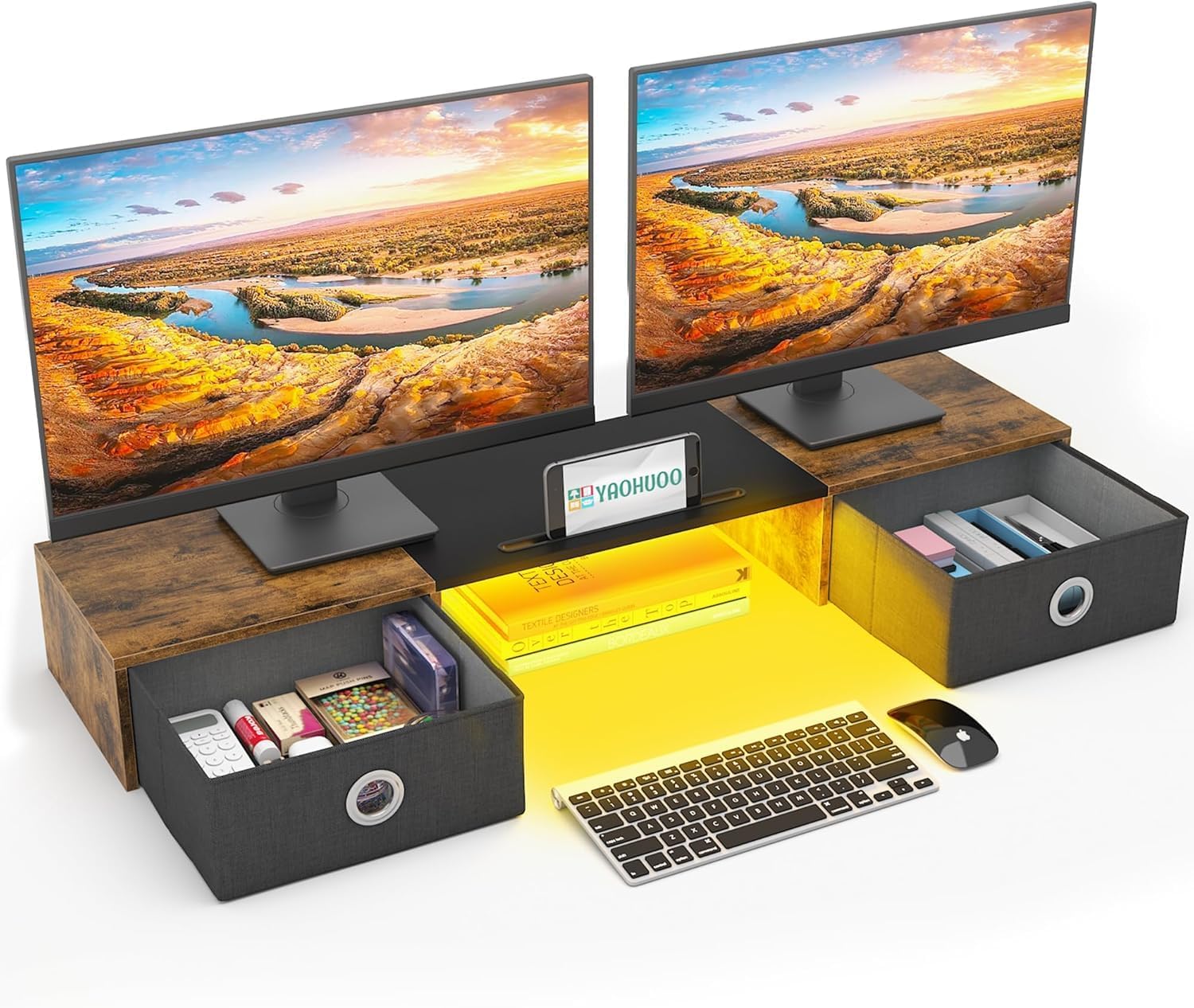 YAOHUOO Dual Monitor Stand with 2 Drawers, Computer Monitor Riser for 2 Monitors, Large Desktop Organzier with Storage for PC/Laptop/Computer/TV Screen/Printer (Brown)