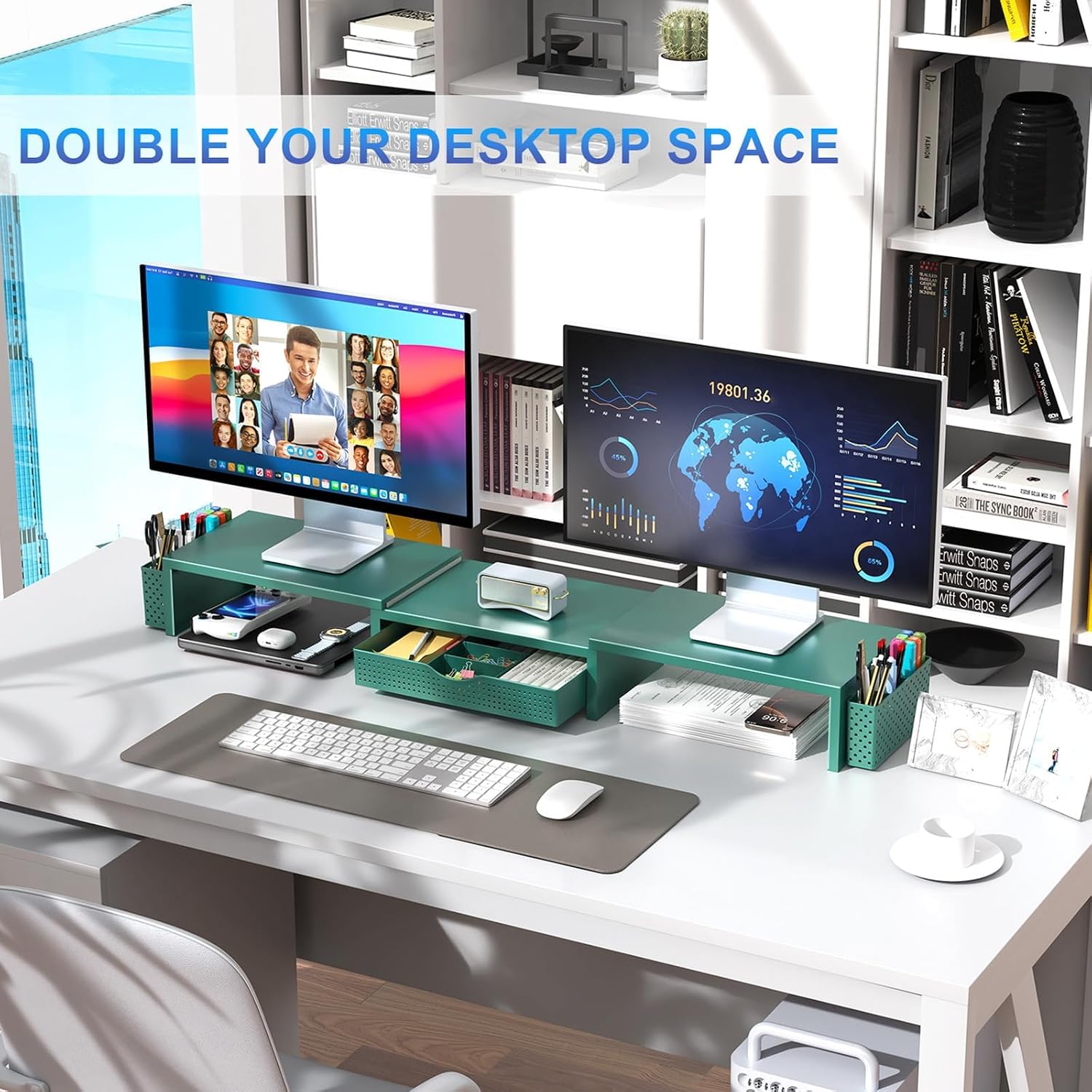 gianotter Dual Monitor Stand Riser With Drawer and 2 Pen Holders | Computer Monitor Stand Desk Organizer and Accessories Desk Shelf for Top of Desk (Green)