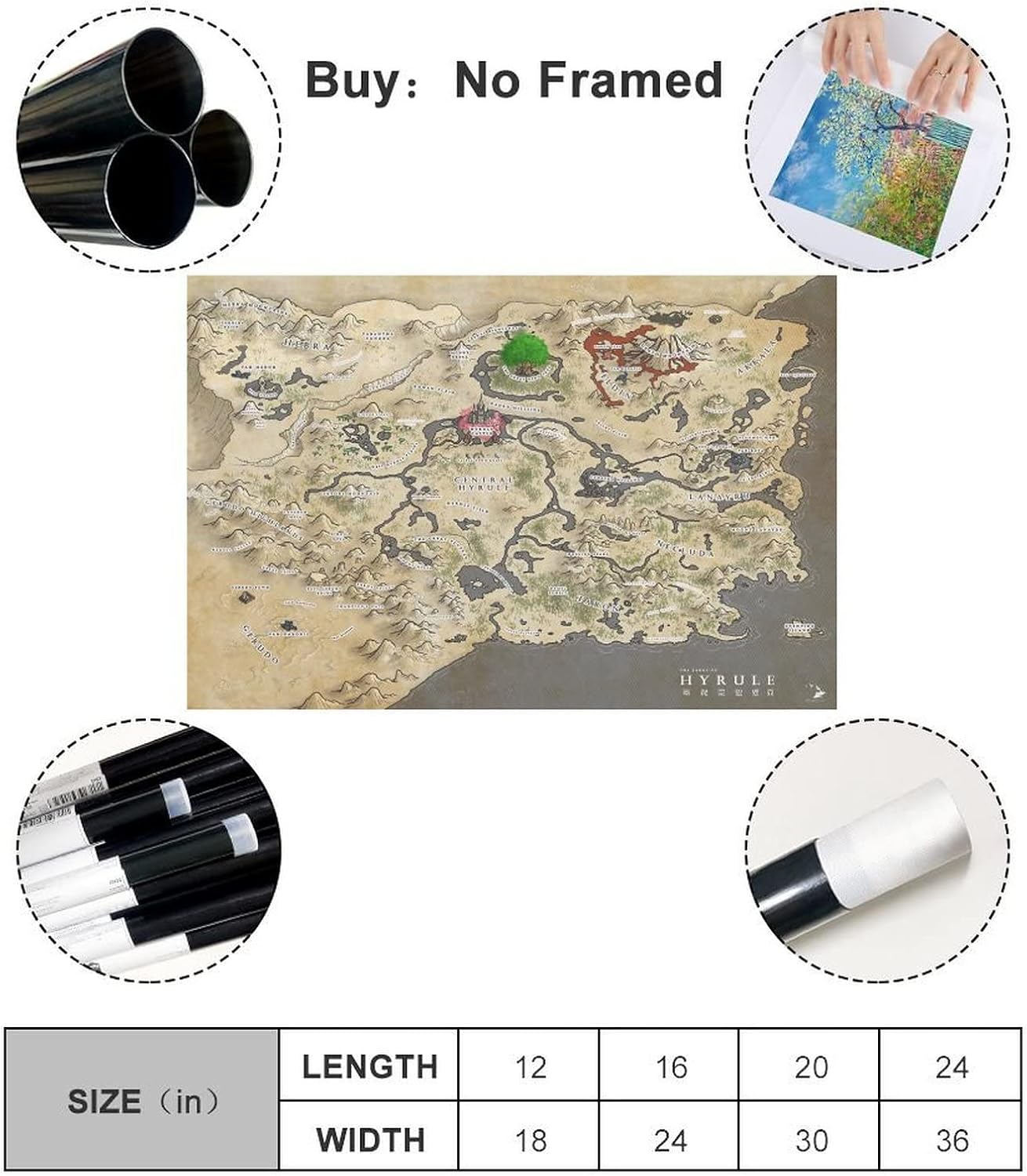 Breath of The Wild Hyrule World Map Poster Print On Canvas Poster Scroll Wall Art Picture Family Home Decor Bedroom Decorative Posters 16x24inch(40x60cm)